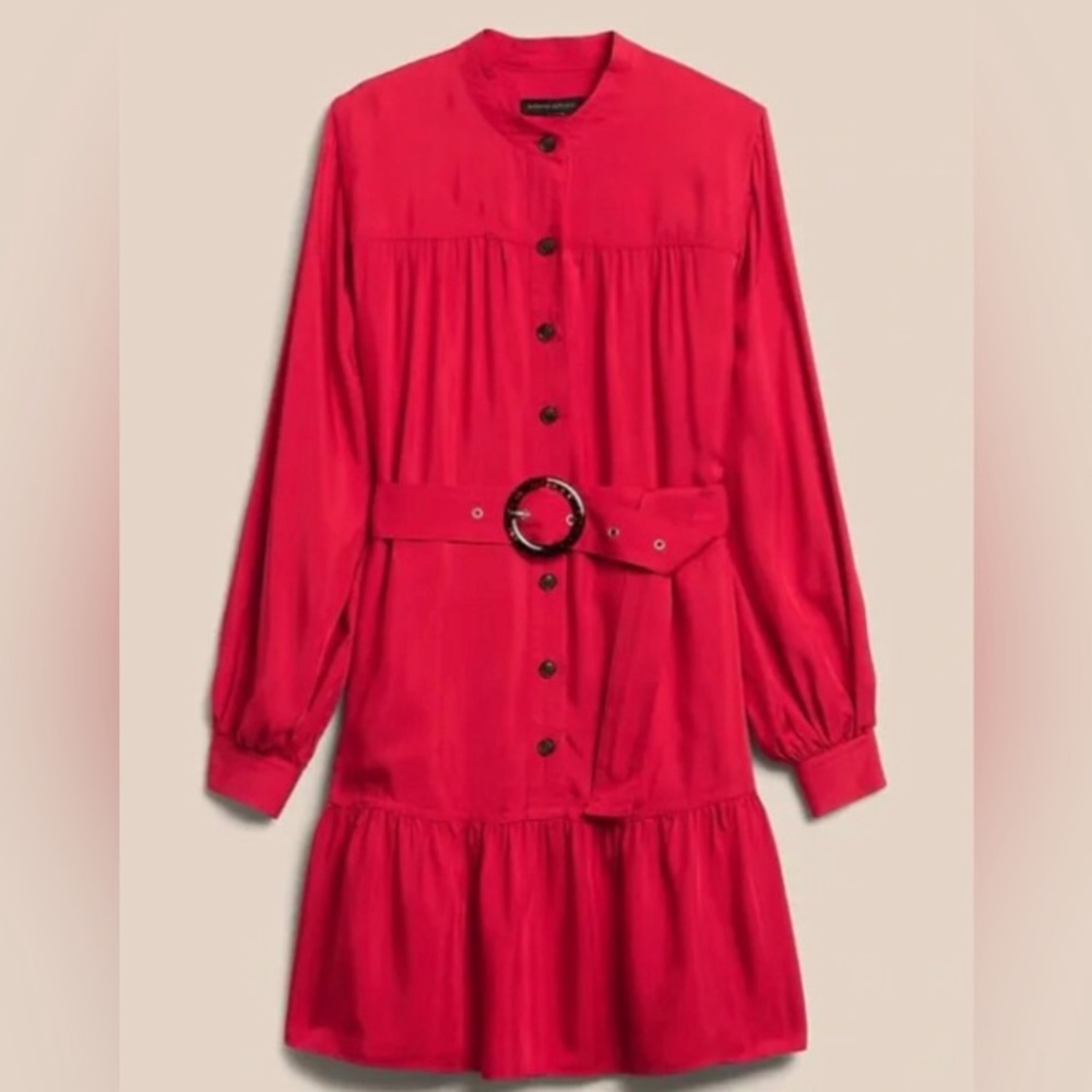 NWT! BANANA REPUBLIC RED SUNSET FLOUNCE HEM MINI DRESS - Size LARGE 💛 - Picture 3 of 4